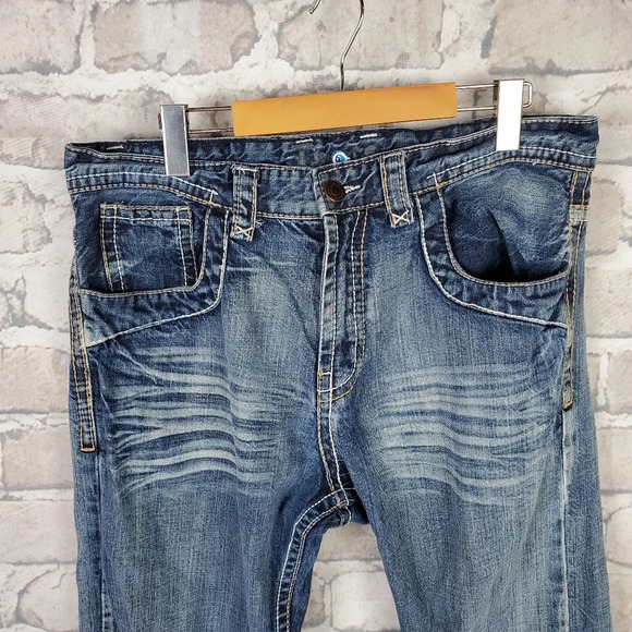 Mens Jeans  Relaxed Straight Leg 34W x 32L Whiskered Flap Pocket Twice Brand - Picture 4 of 11